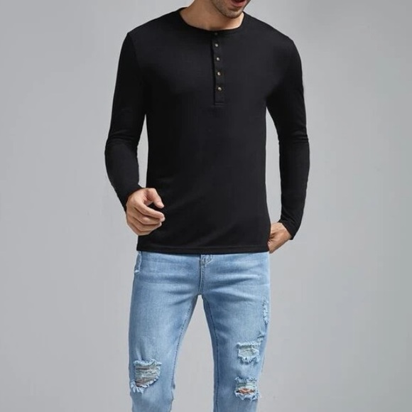 NEW! Mens Black 5 Button Henley Style Shirt - M - Picture 3 of 7